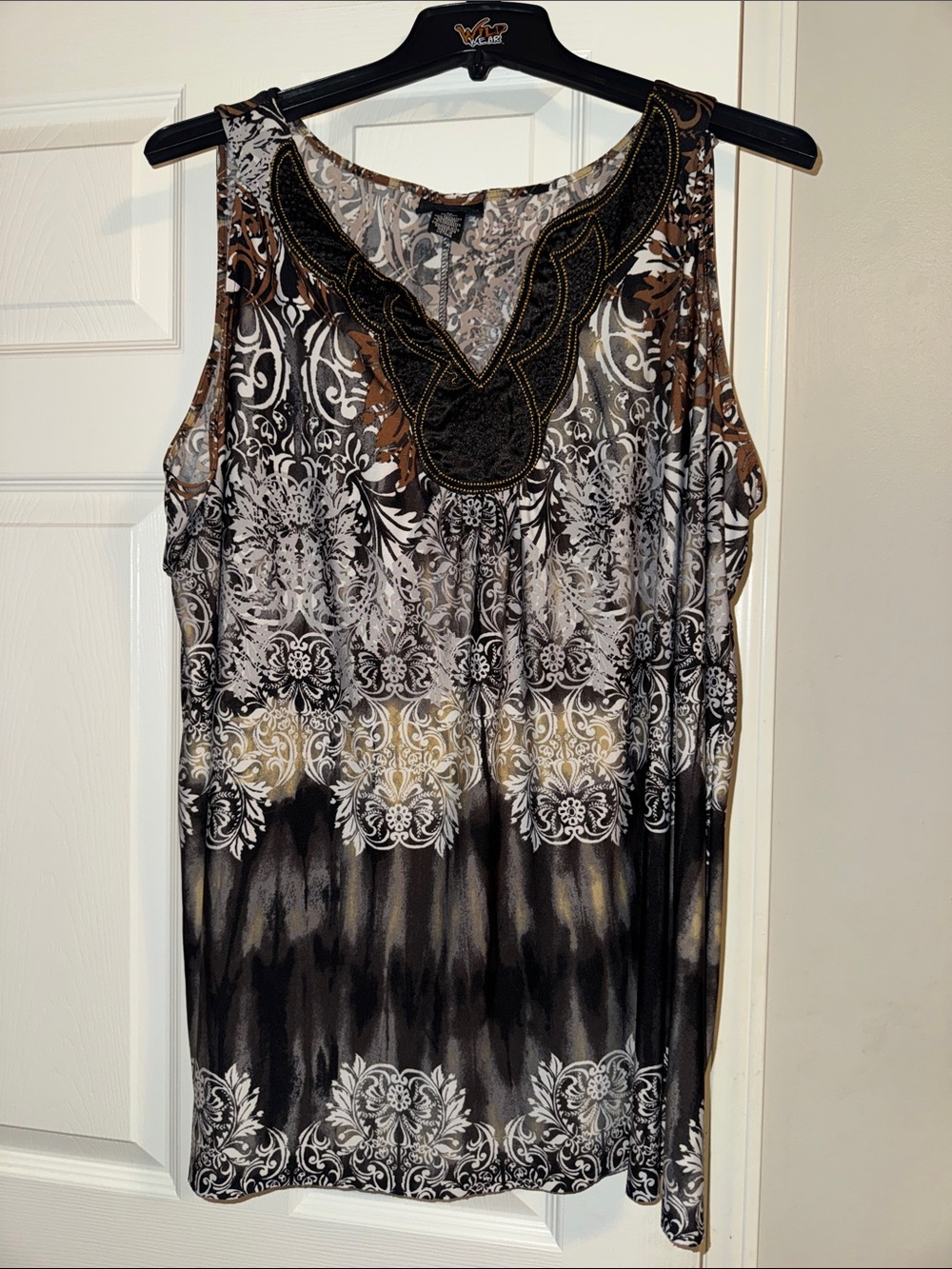 Maggie Barnes Black, Brown & Cream Embroidered V-Neck Tank Top